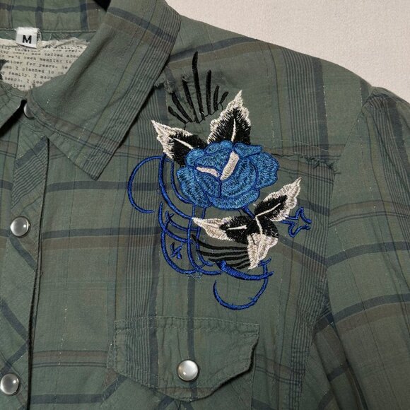 3J Workshop Johnny Was Embroidered Plaid Snap Shirt Green M Y2K Rock N Roll - Picture 8 of 12